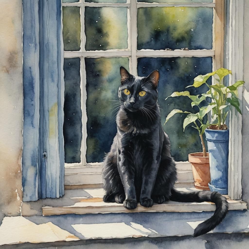 Black Cat at Window: Detailed Watercolor Painting