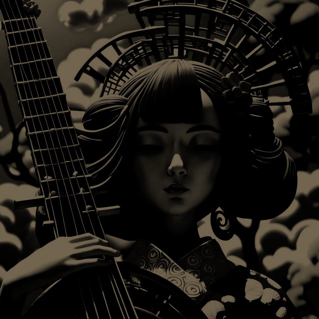 Geisha Sitar Player in Expressionist Sunlight