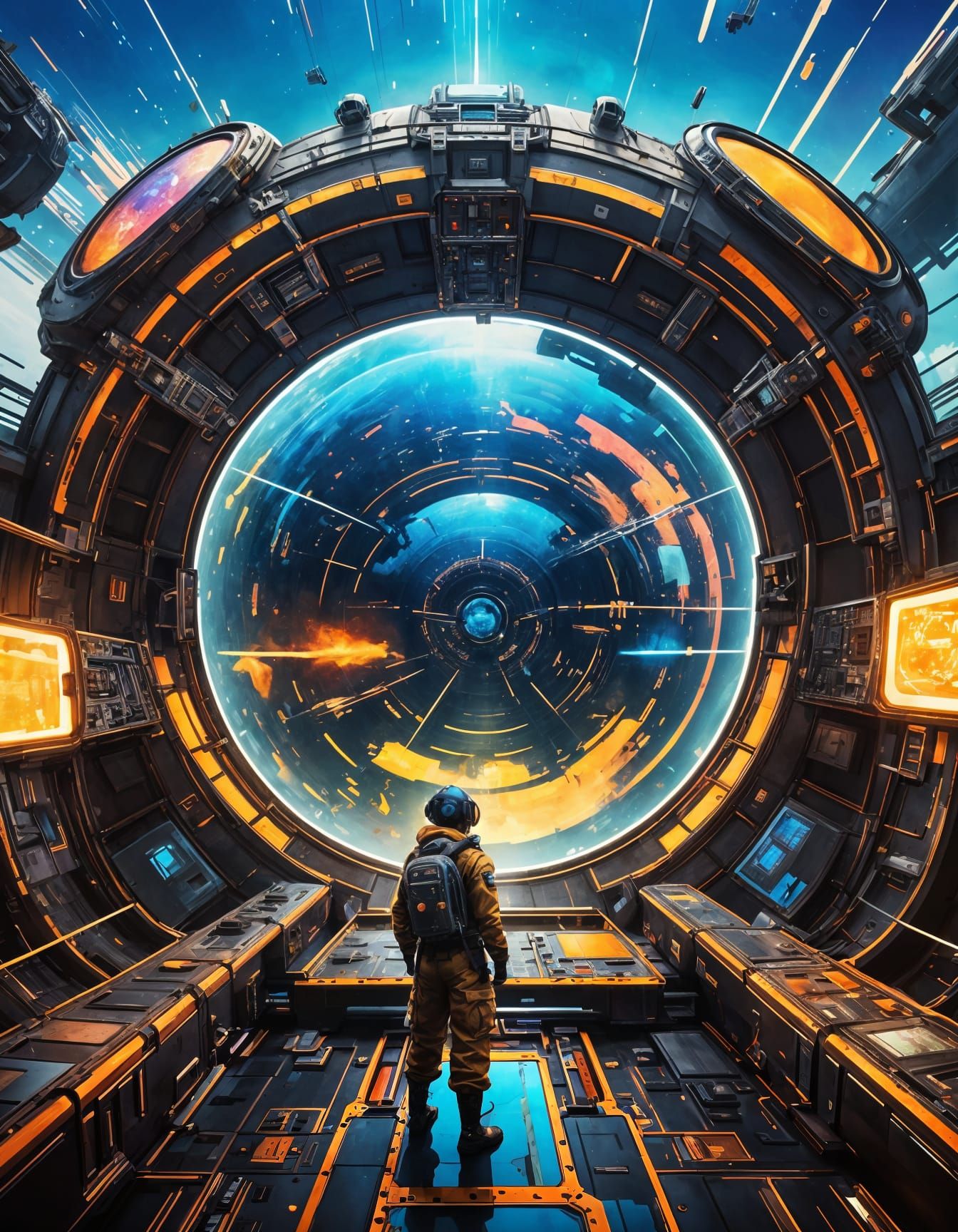 Atompunk Pilot in Retro-Futuristic Space Station