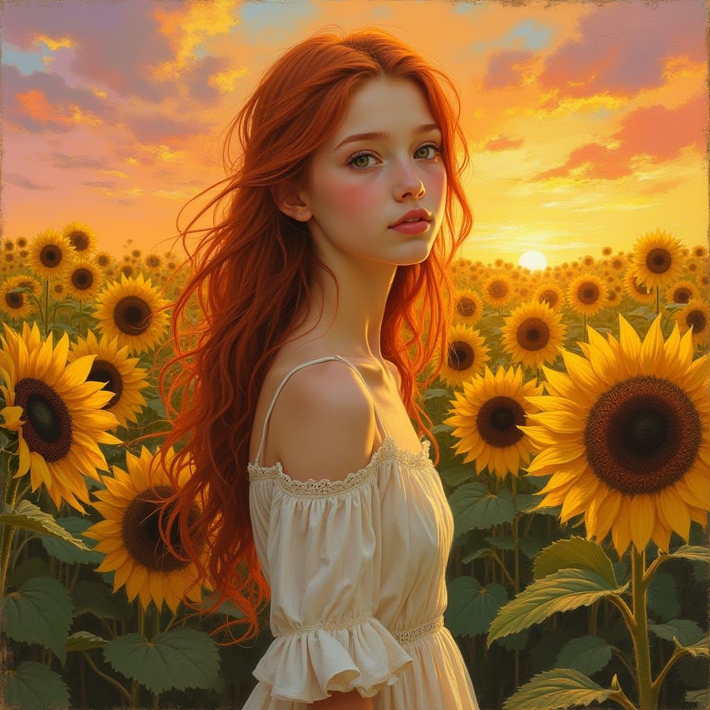 Surreal Sunflower Girl in Vibrant Sunset Landscape