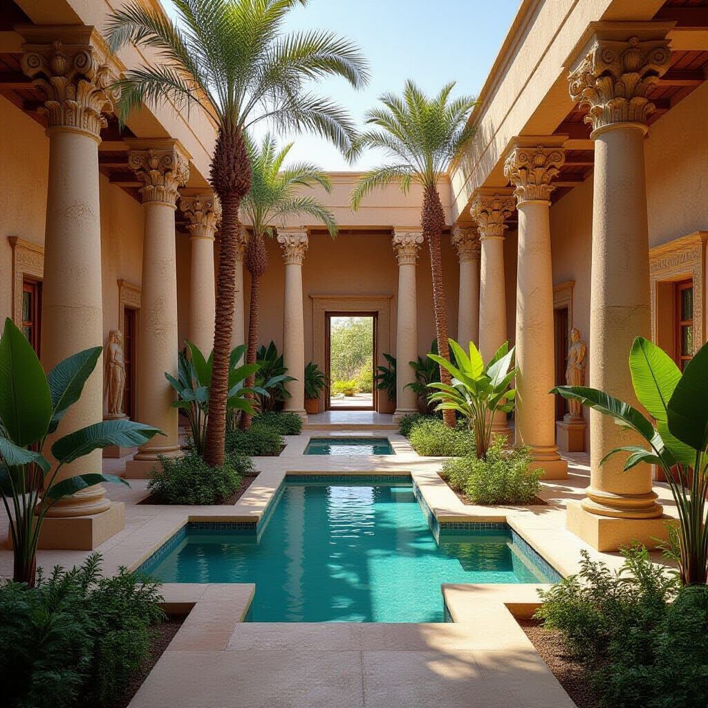 Egyptian Garden with Palms and Lotus Flowers