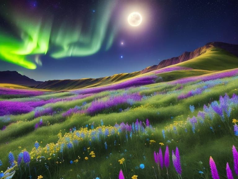 Aurora Borealis Over Wildflower Field Under Moonlight