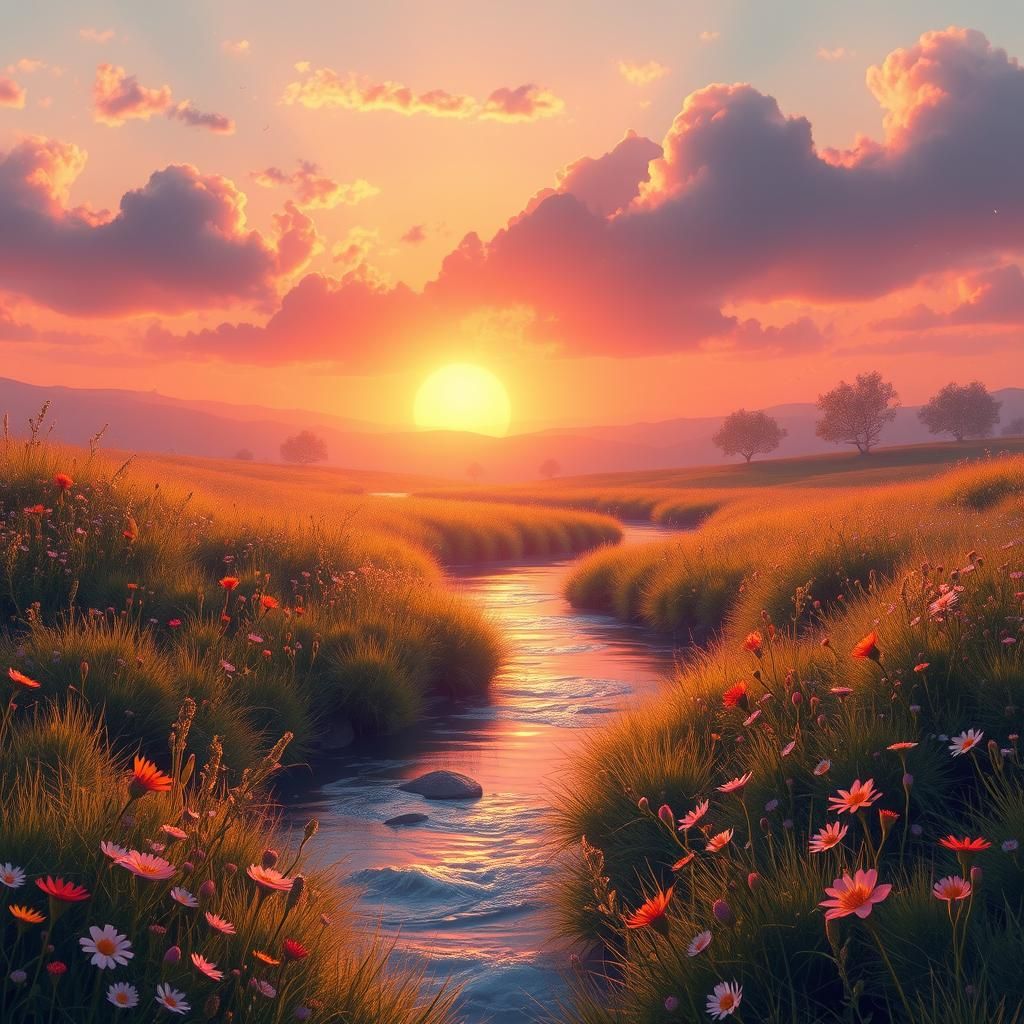 Sunset River Through Meadow: Fantasy Concept Art