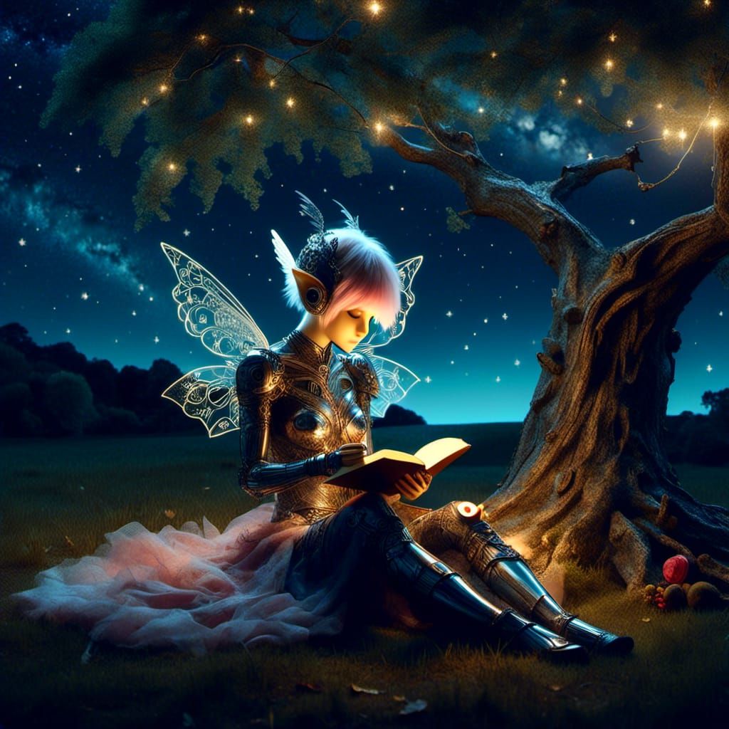 Cyber Pixie Reading Under Starlit Oak Tree