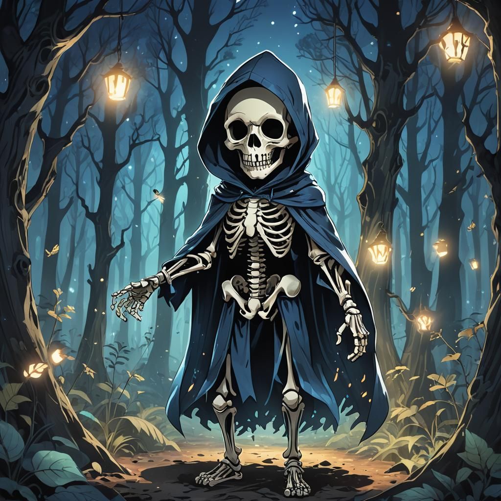 Eerie Chibi Skeleton in Haunted Forest, Anime Style