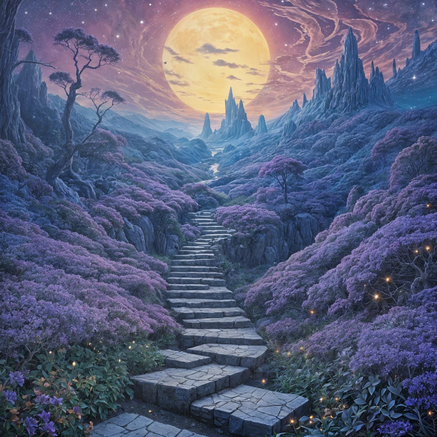 Ethereal Celestial Pathway with Vibrant Blooms