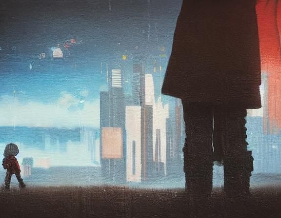 Cyberpunk Woman and Dog in Overcast Seaside Village