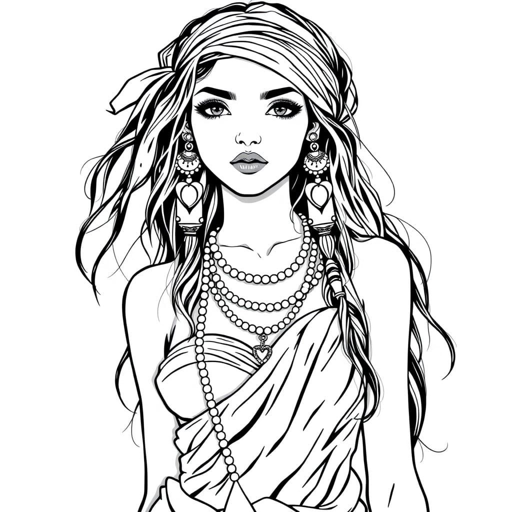 Gypsy Girl Line Art Illustration in Bold Outline Style