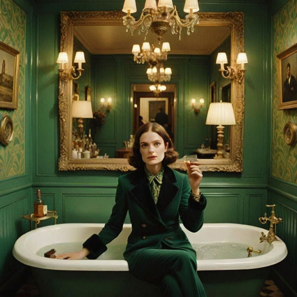Wes Anderson-Inspired Woman Smokes a Cigar in a Vibrant Gree...