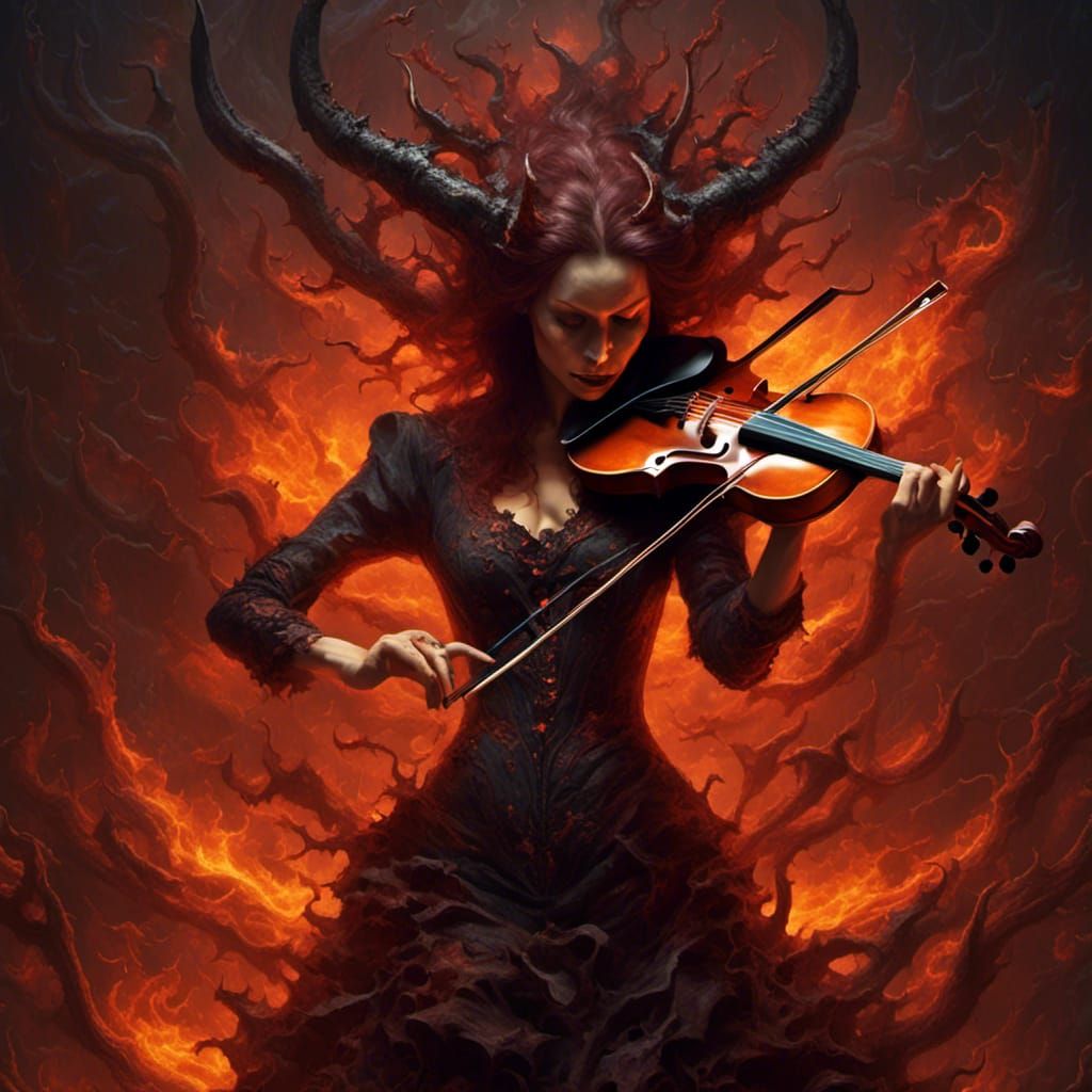 Fiery Devil Violinist in Hyperrealistic Hellscape