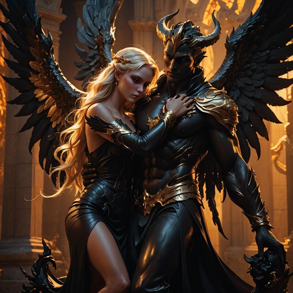 Demoness Embraces Statue in Dark Fantasy Illustration