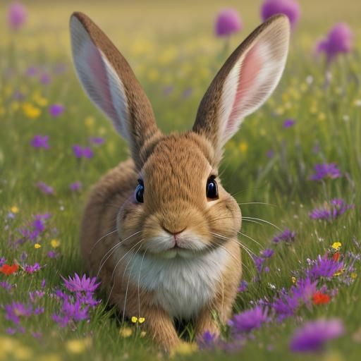 Brown Bunny Rabbit Portrait in a Wildflower Field