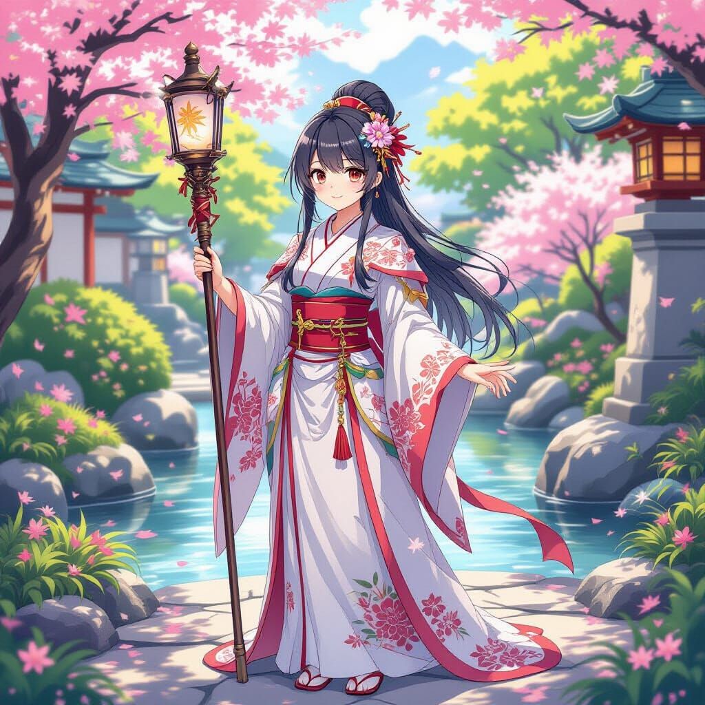 Elegant White Mage in Japanese Garden, Anime Style