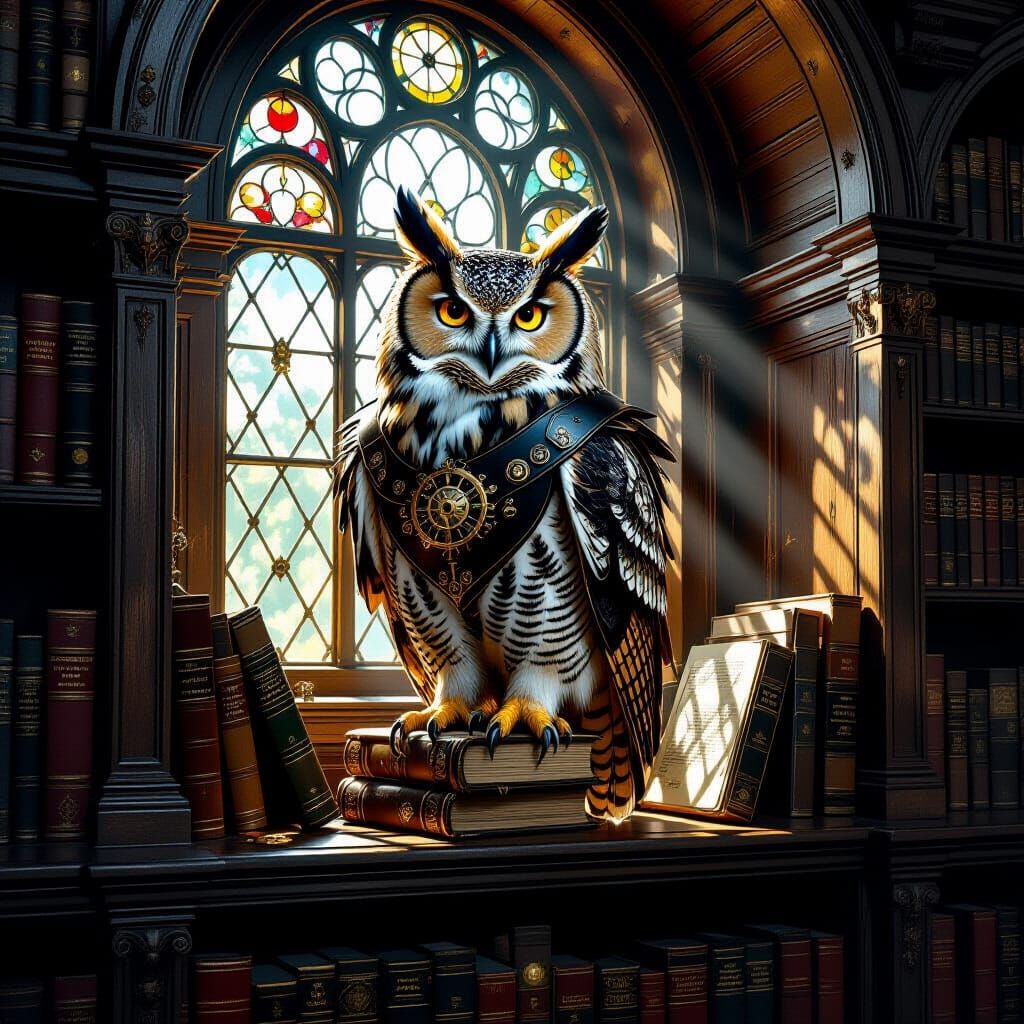 Clockwork Owl in Library, Steampunk Style