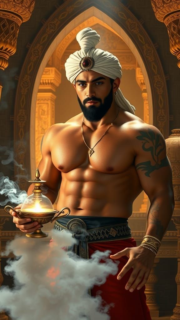 Muscular Genie Emerges from Antique Lamp in Tomb