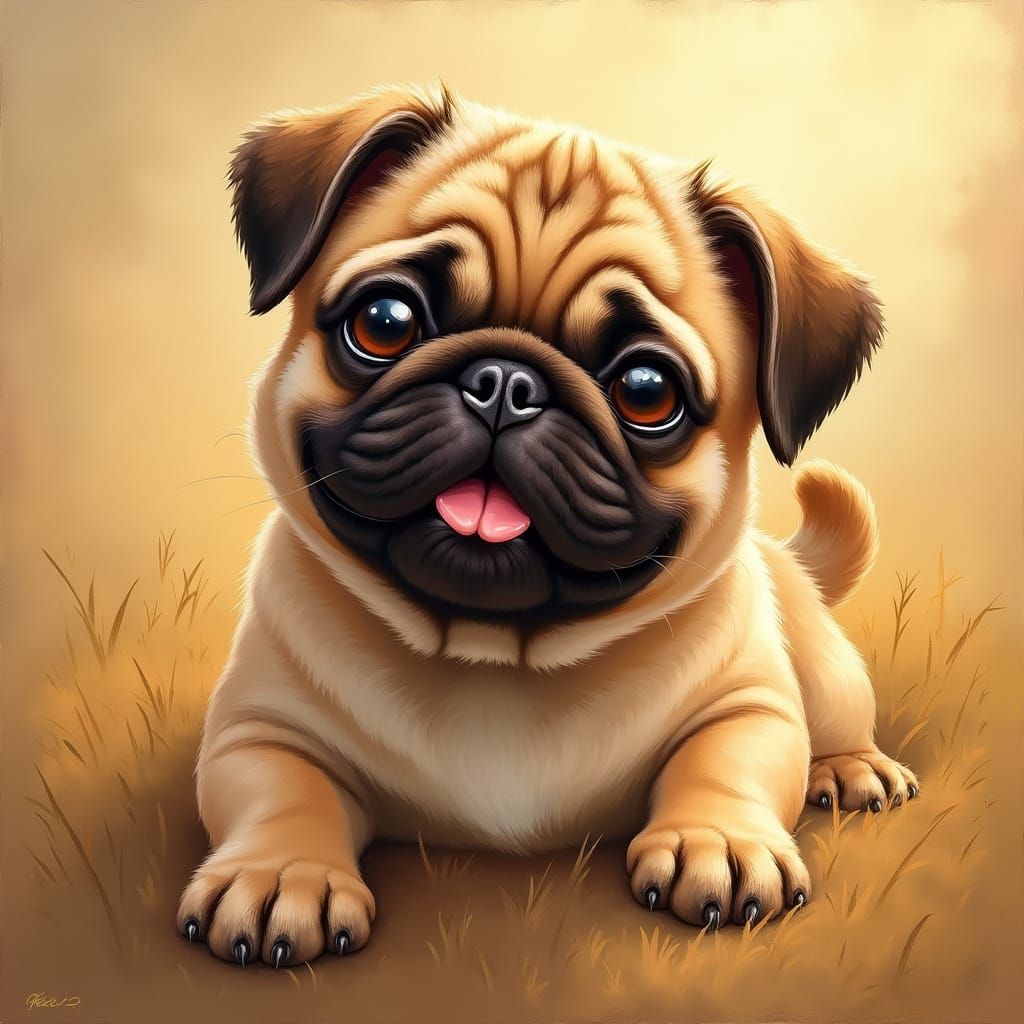Charming Chubby Pug Oil Painting with Golden Hour Glow
