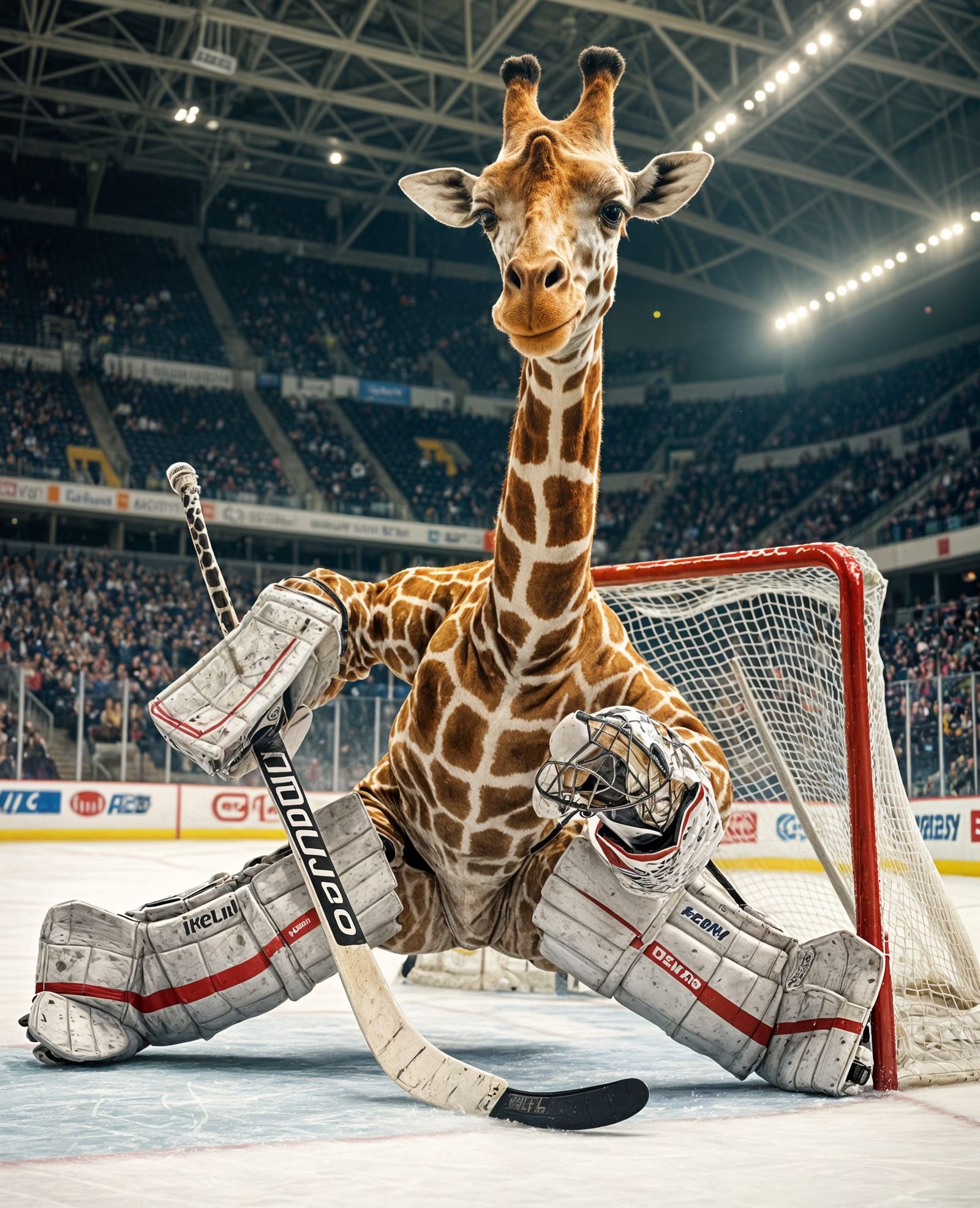 Anthropomorphic Giraffe Ice Hockey Goalie in Action