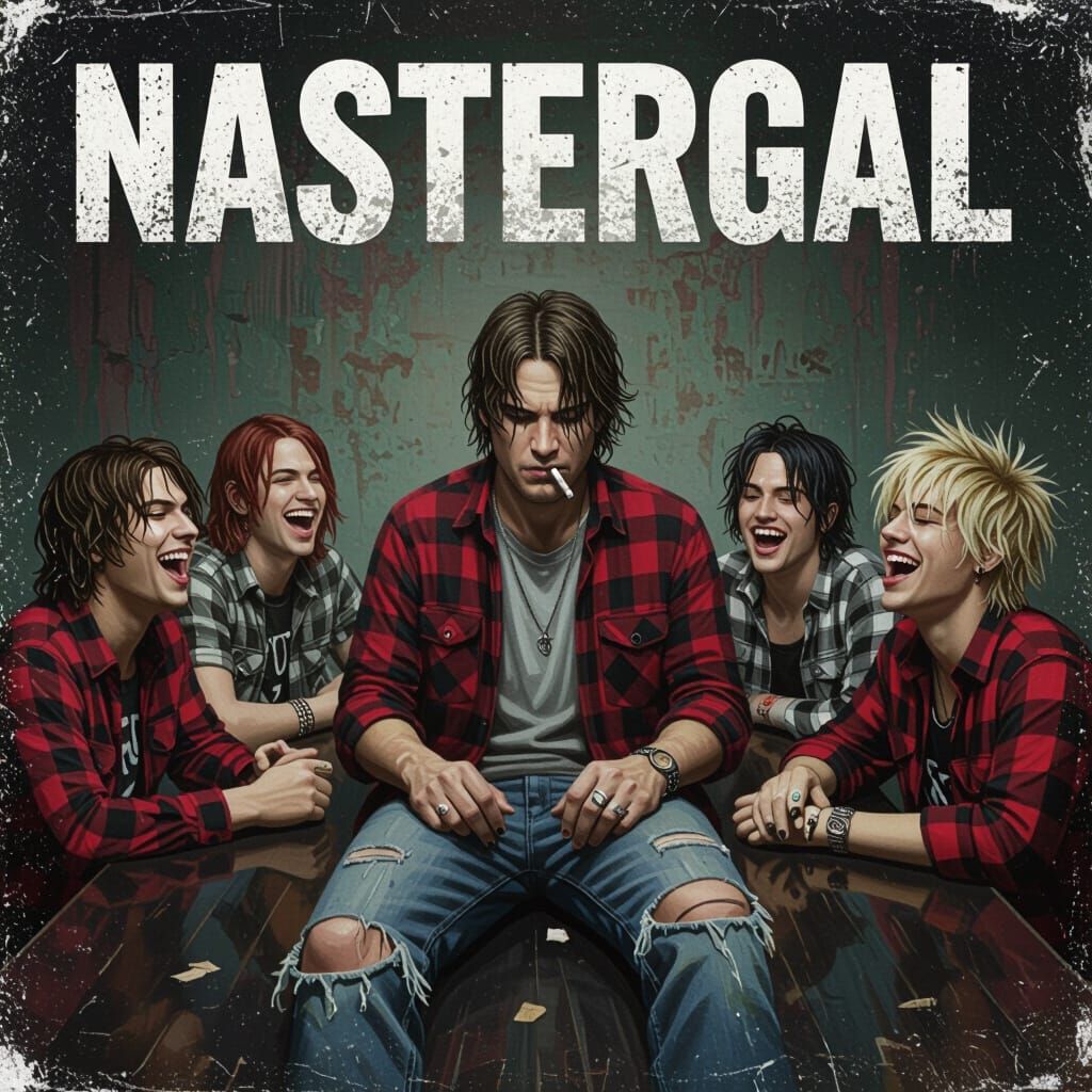 Miserable Man Leads Laughing Friends Grunge Album Cover