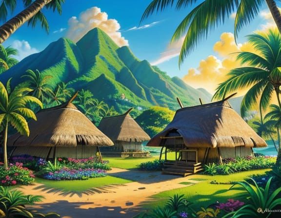 Vibrant Oil Painting of Tropical Island Village at Golden Ho...