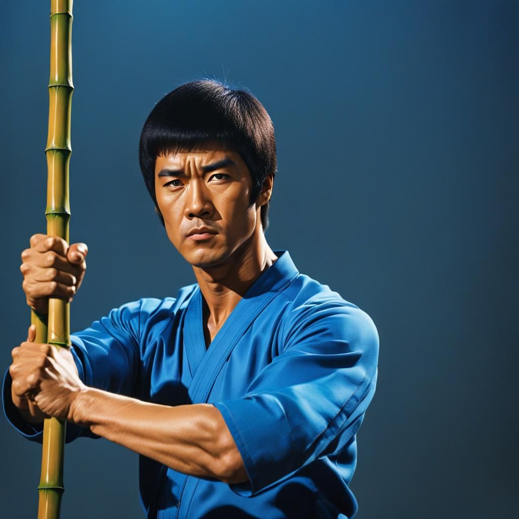 Shaolin Master Portrait in Blue Costume, Hyperrealistic Art