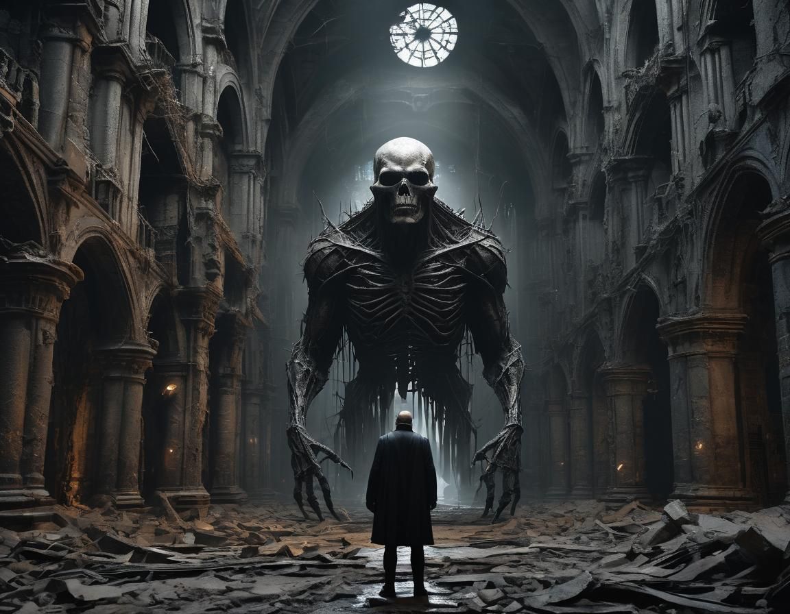 Golem Vampire in Ruined Cathedral: Dark Gothic Art