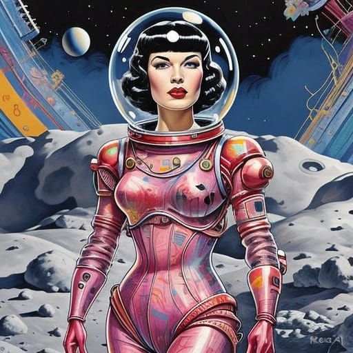 Betty Page in Retro Futuristic Spacesuit on the Moon