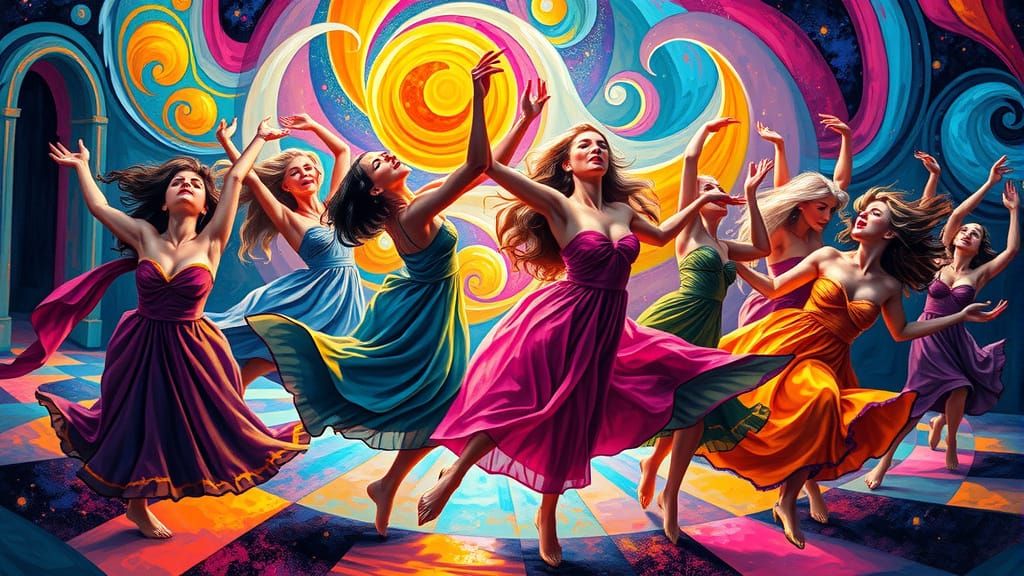 Ecstatic Dancers in a Geometric Surrealist Style