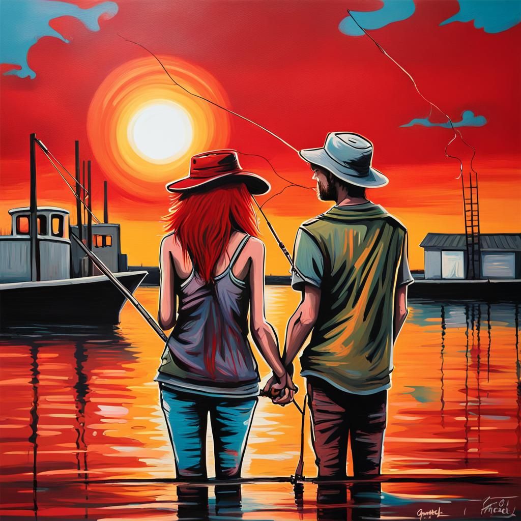 Lovers Fishing at Sunset in Graffiti Style