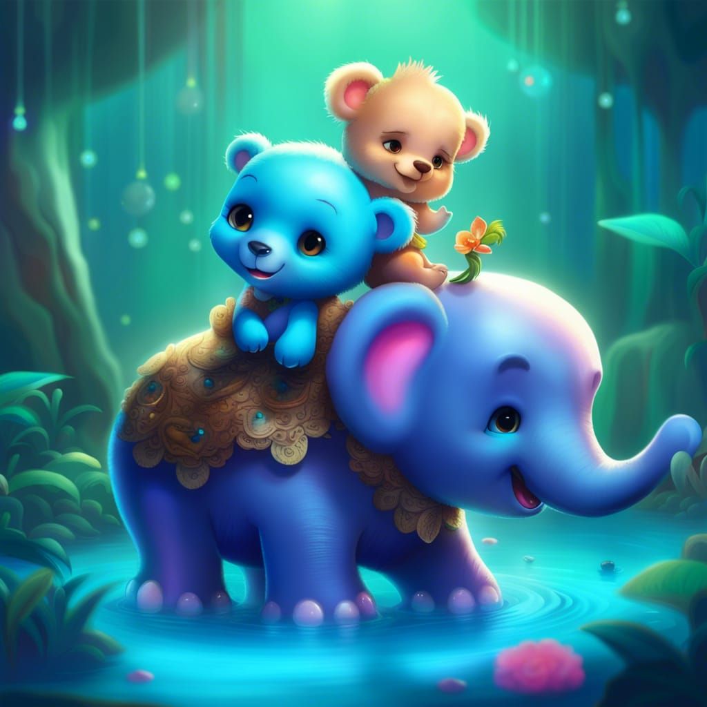 Baby Bear Rides Elephant in Enchanted Lagoon
