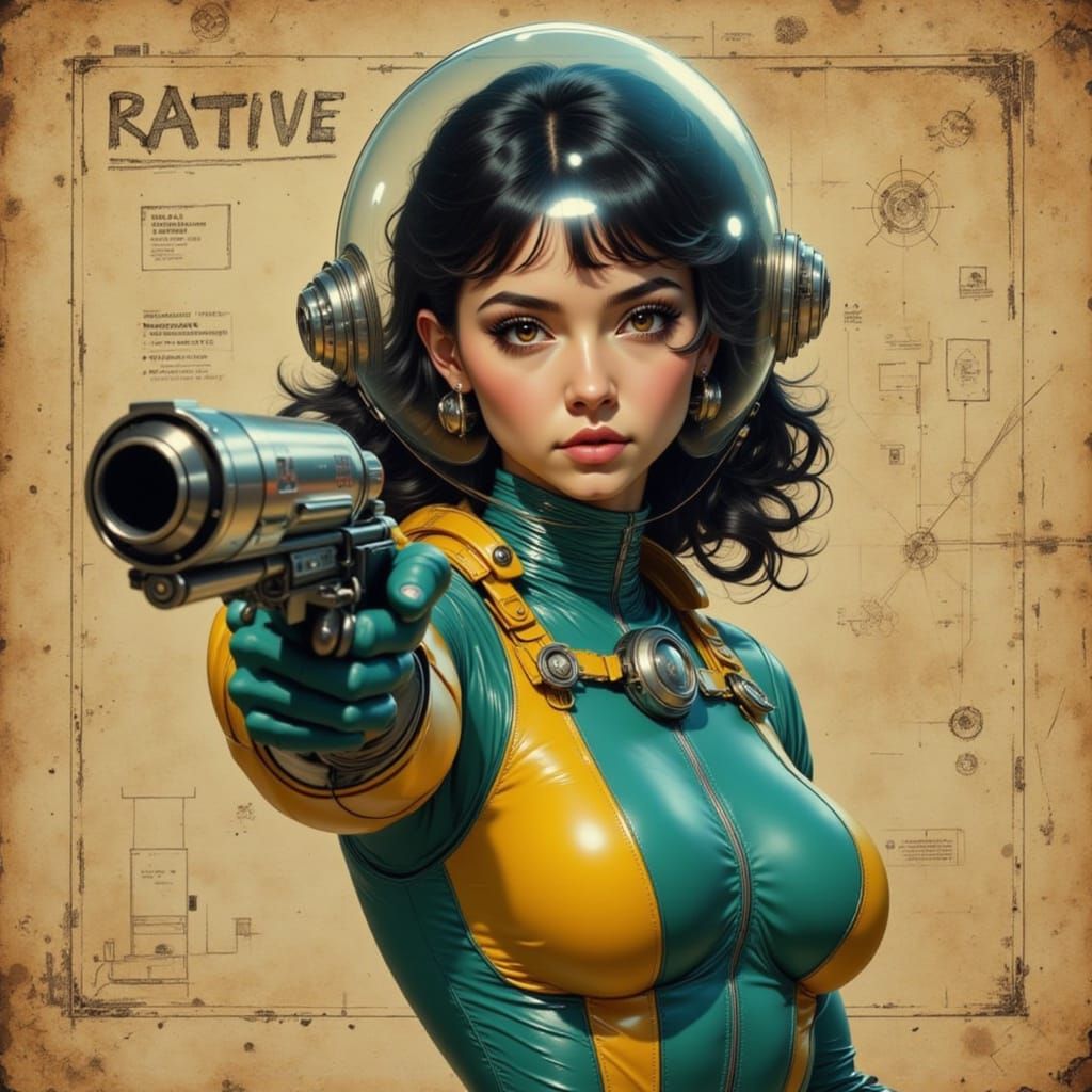 Retro Futuristic Woman Aims Raygun