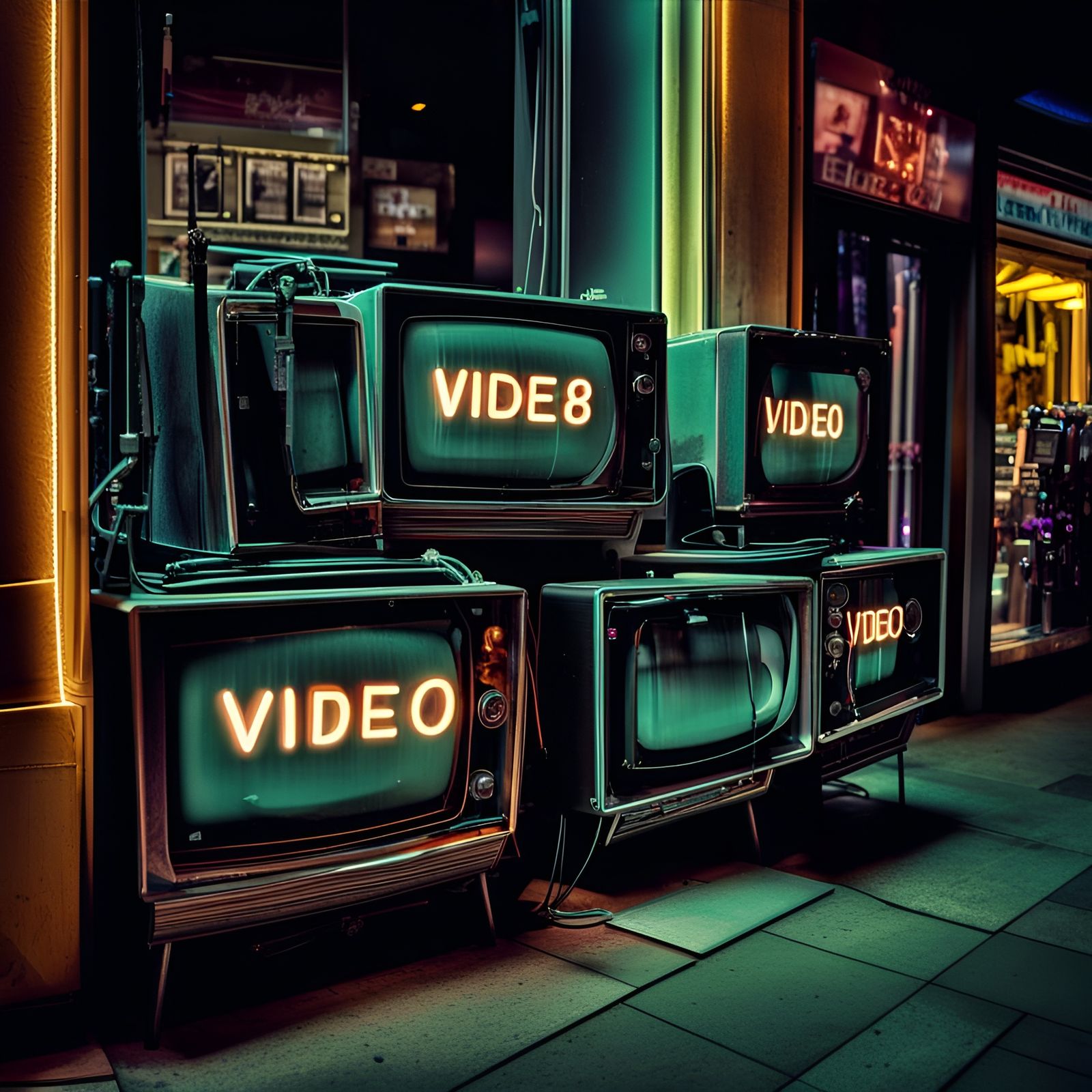 Hyperrealistic Video Shop with Flickering TVs