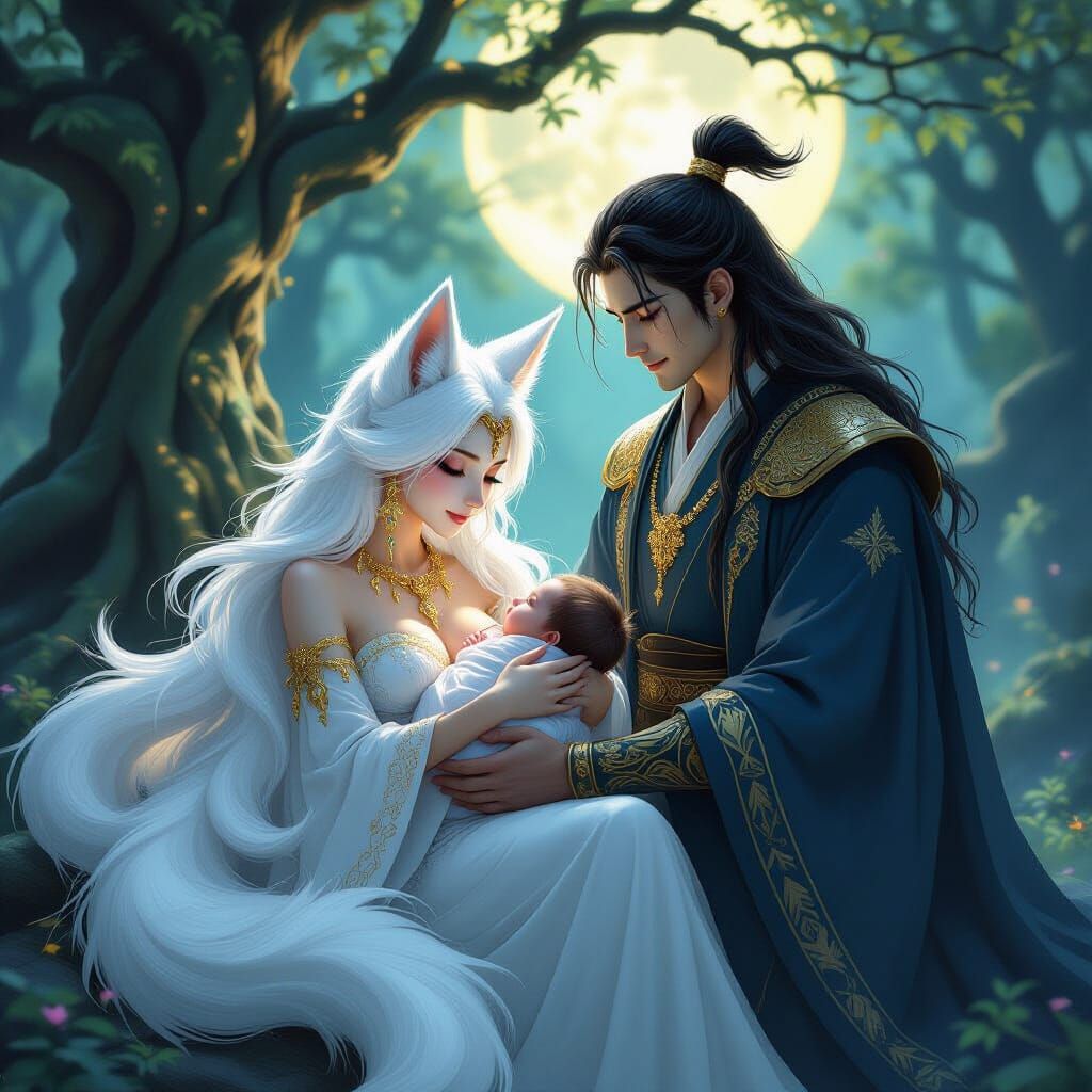 Ethereal Kitsune Family Under Enchanted Moonlight