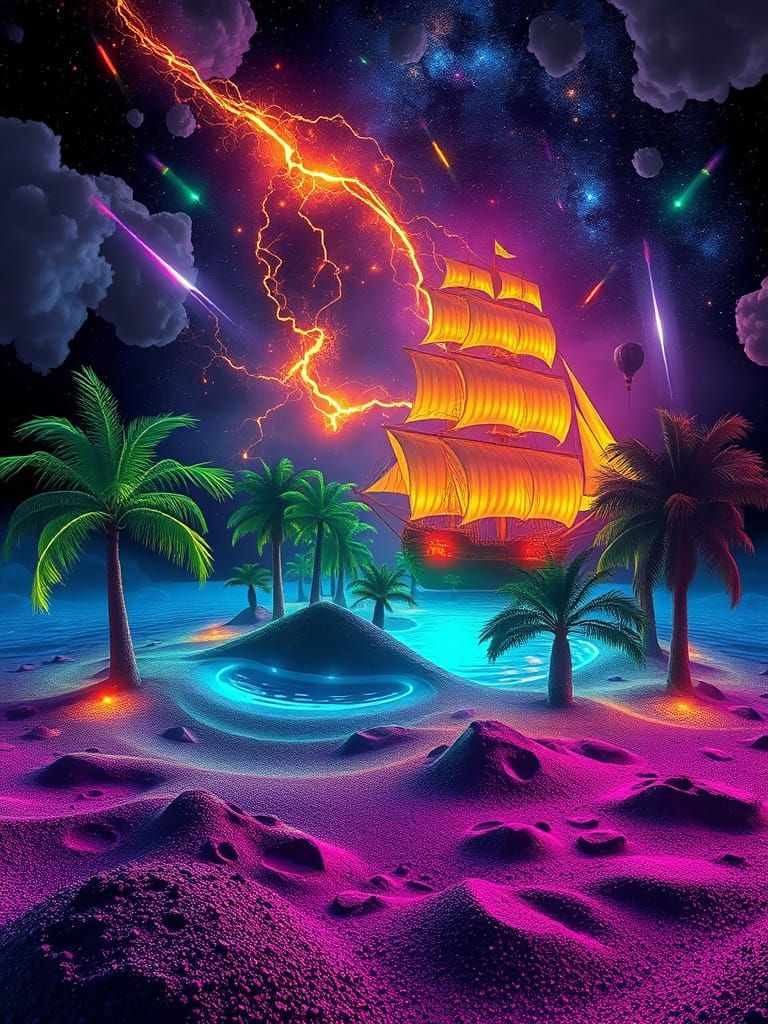 Neon Island Oasis in Bioluminescent Universe