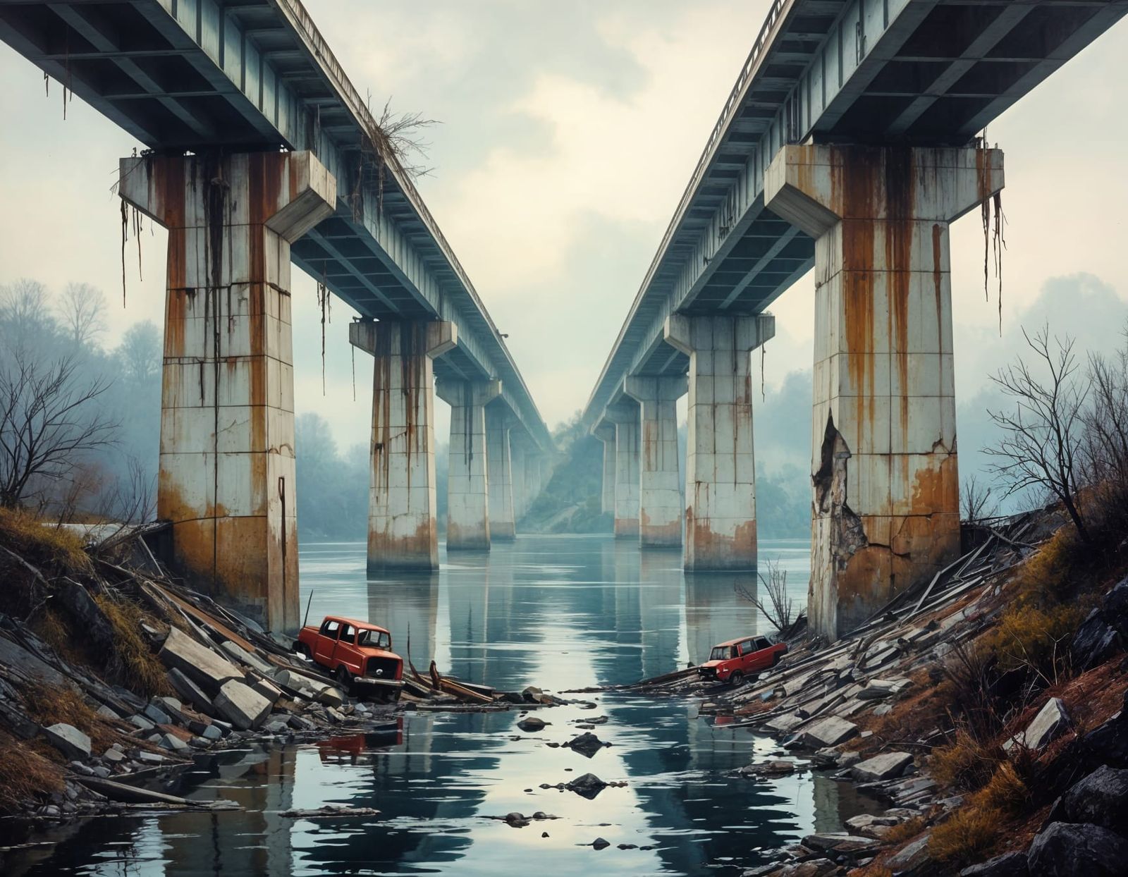 Tonalist Bridge Collapse Landscape Painting