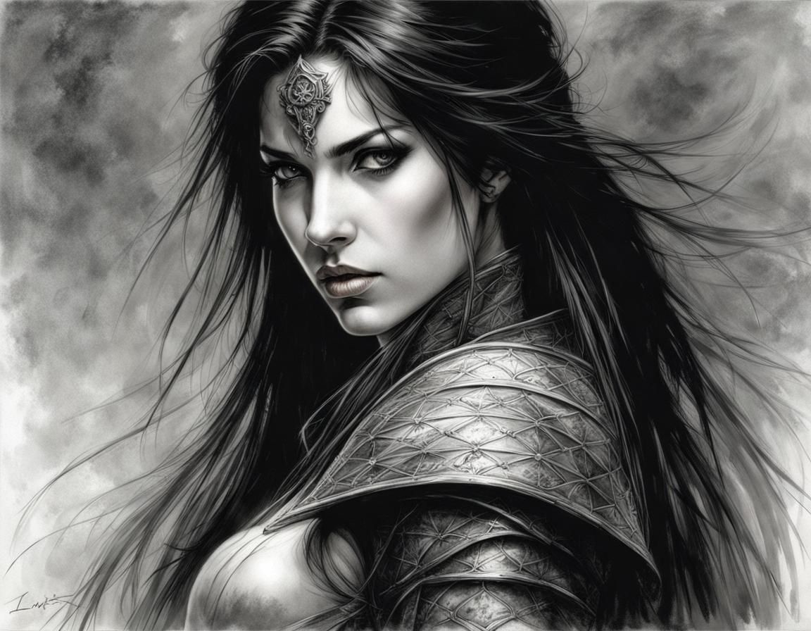 Detailed Grayscale Portrait of Female Swordsman