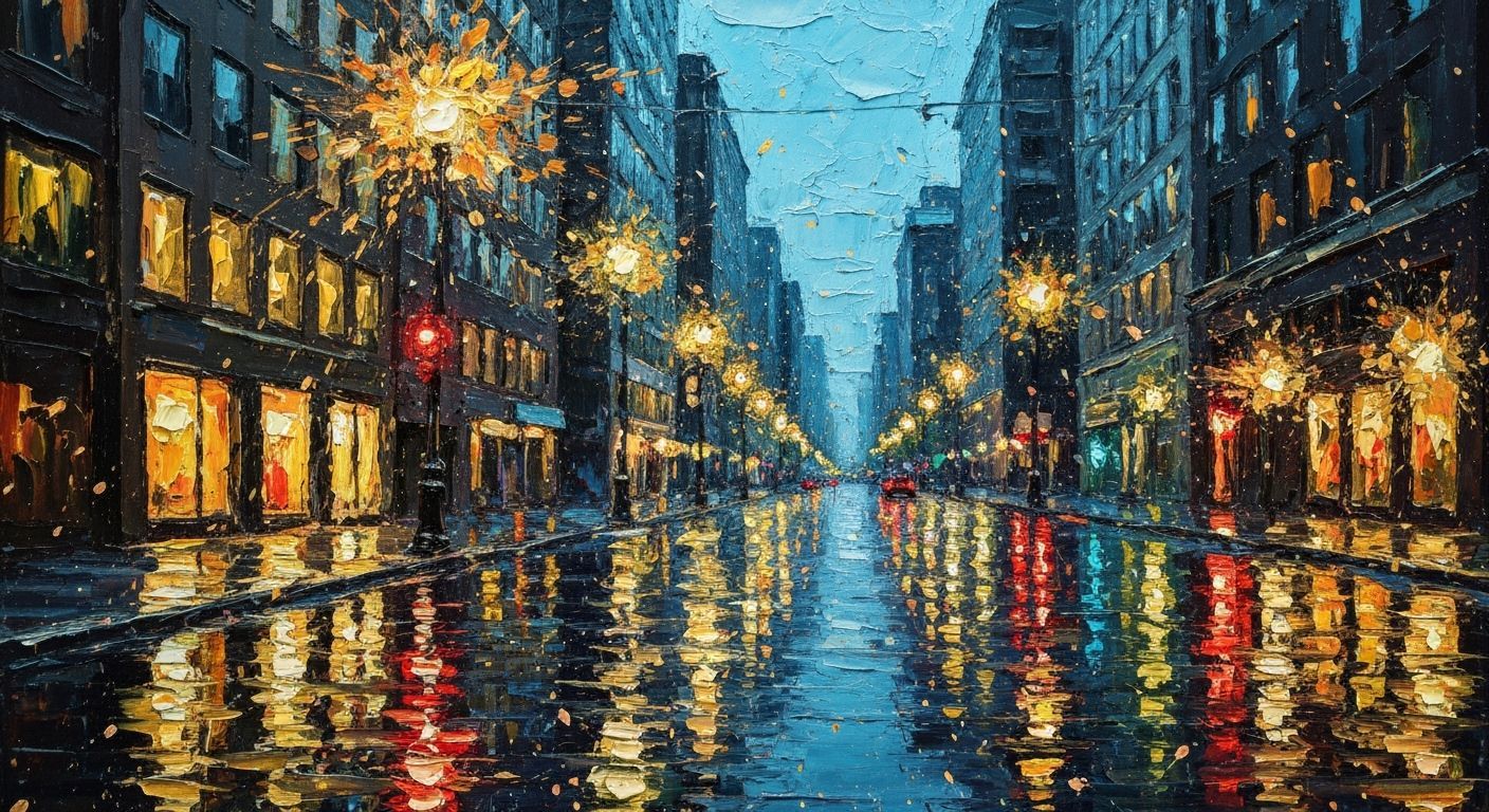 Impressionistic Cityscape at Dusk After Rain