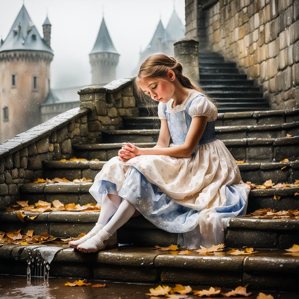 Whimsical Princess in Rainy Castle Reflection