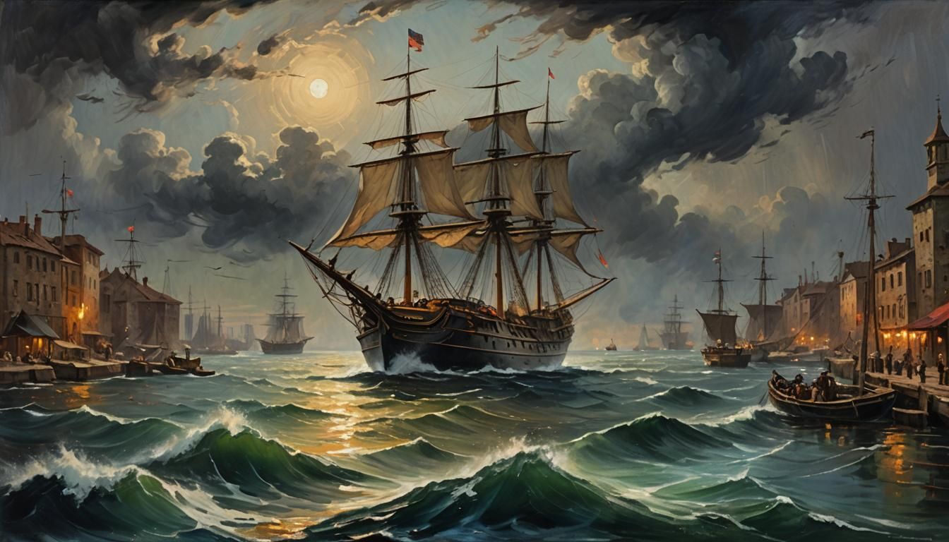 Sinister Ship Drifts from Harbor in Impasto Style