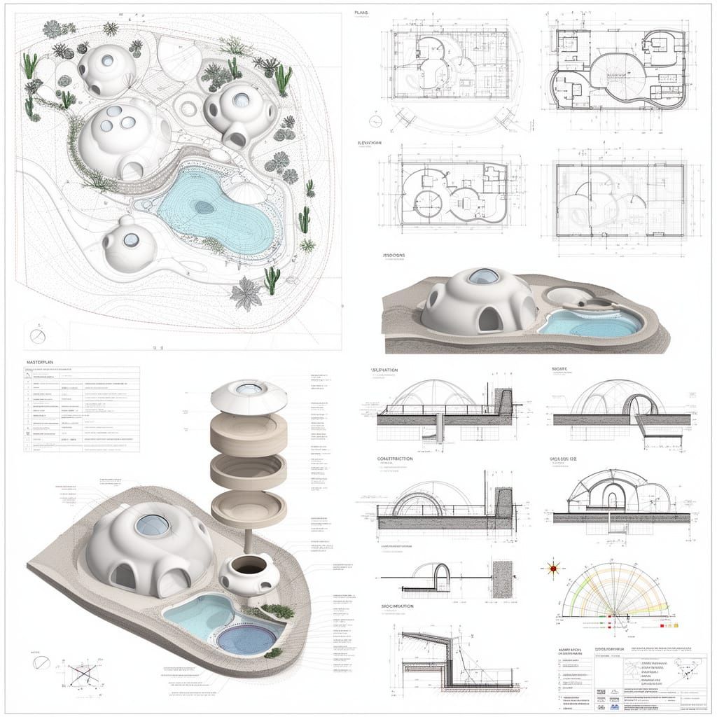 SuperAdobe Biopool Architectural Plans in AutoCAD Style
