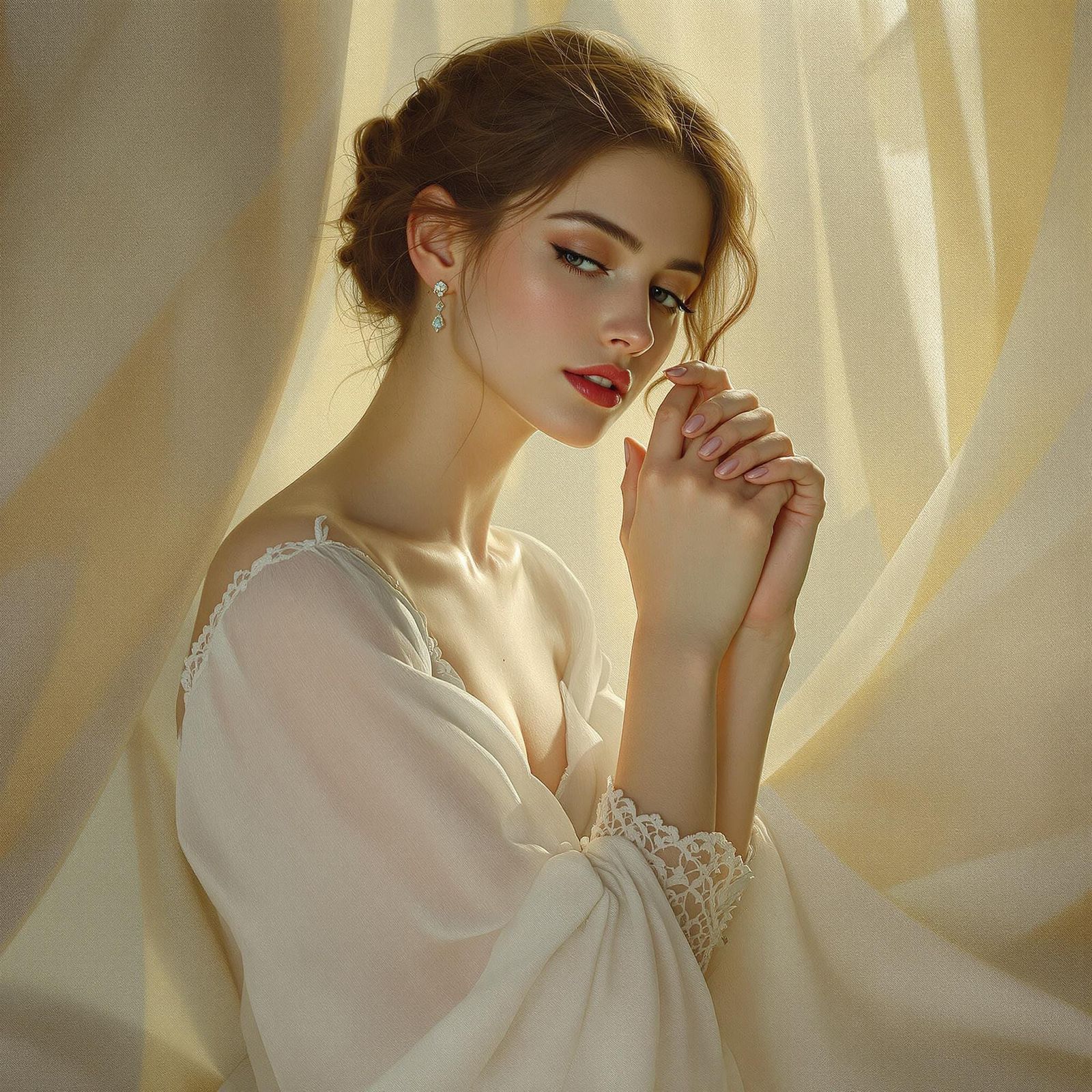 Serene Pre-Raphaelite-Inspired Woman in Golden Light