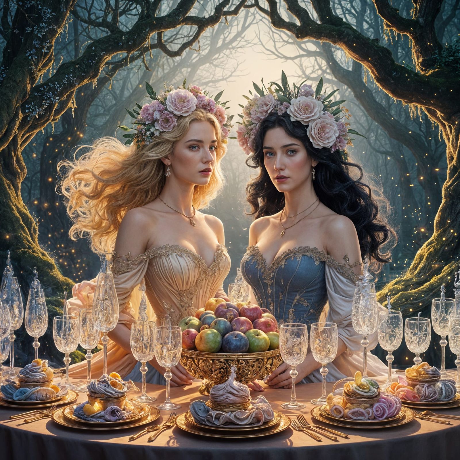 Two Women Admire Magical Feast in Art Nouveau Style
