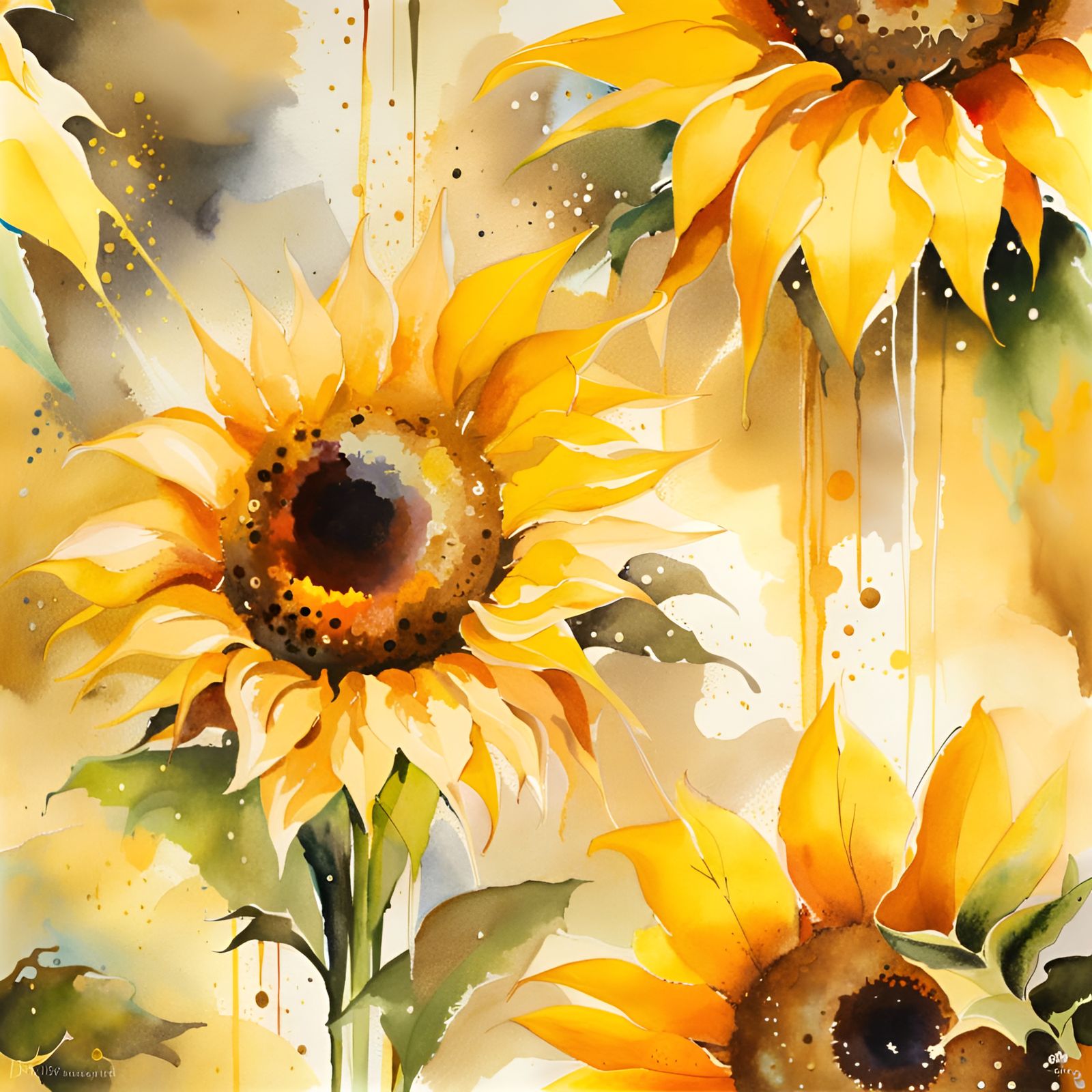 Abstract Sunflower Watercolor Painting in Surreal Style