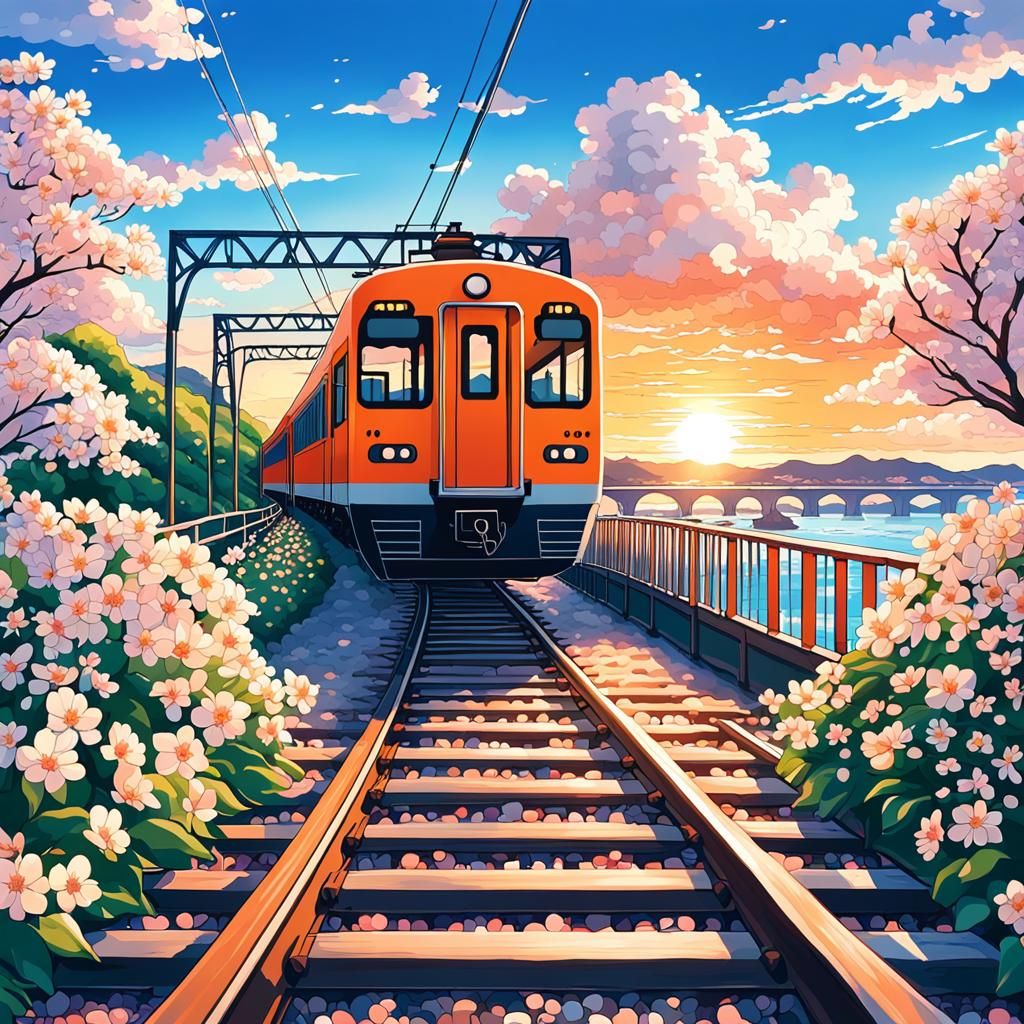 Anime Train with Cherry Blossoms and Sunset