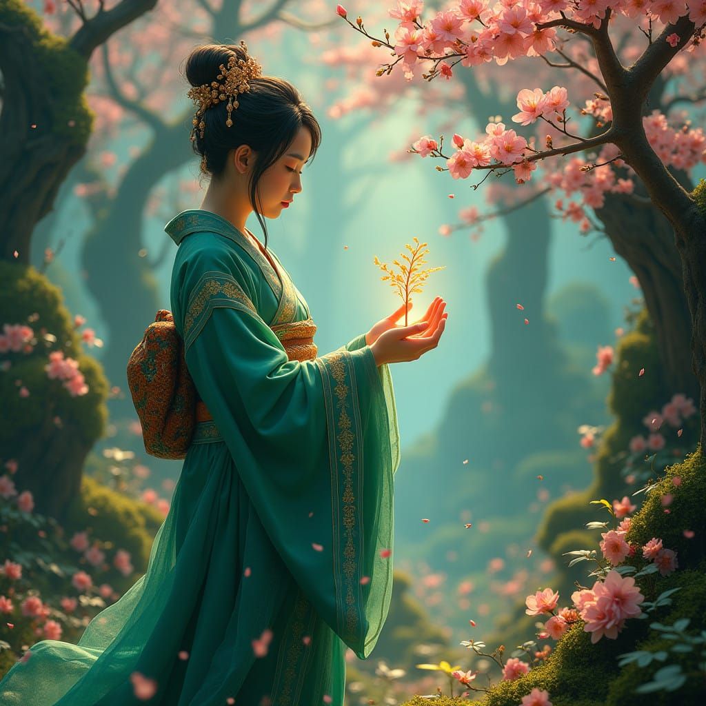 Japanese Goddess of Growth and Nurture in Vibrant Fantasy La...