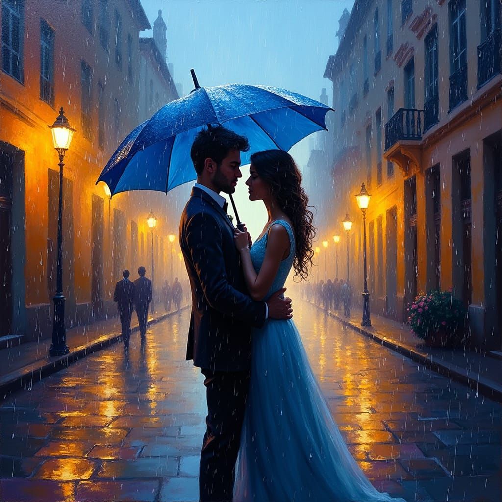Romantic Couple in Rainy City, Impressionist Style