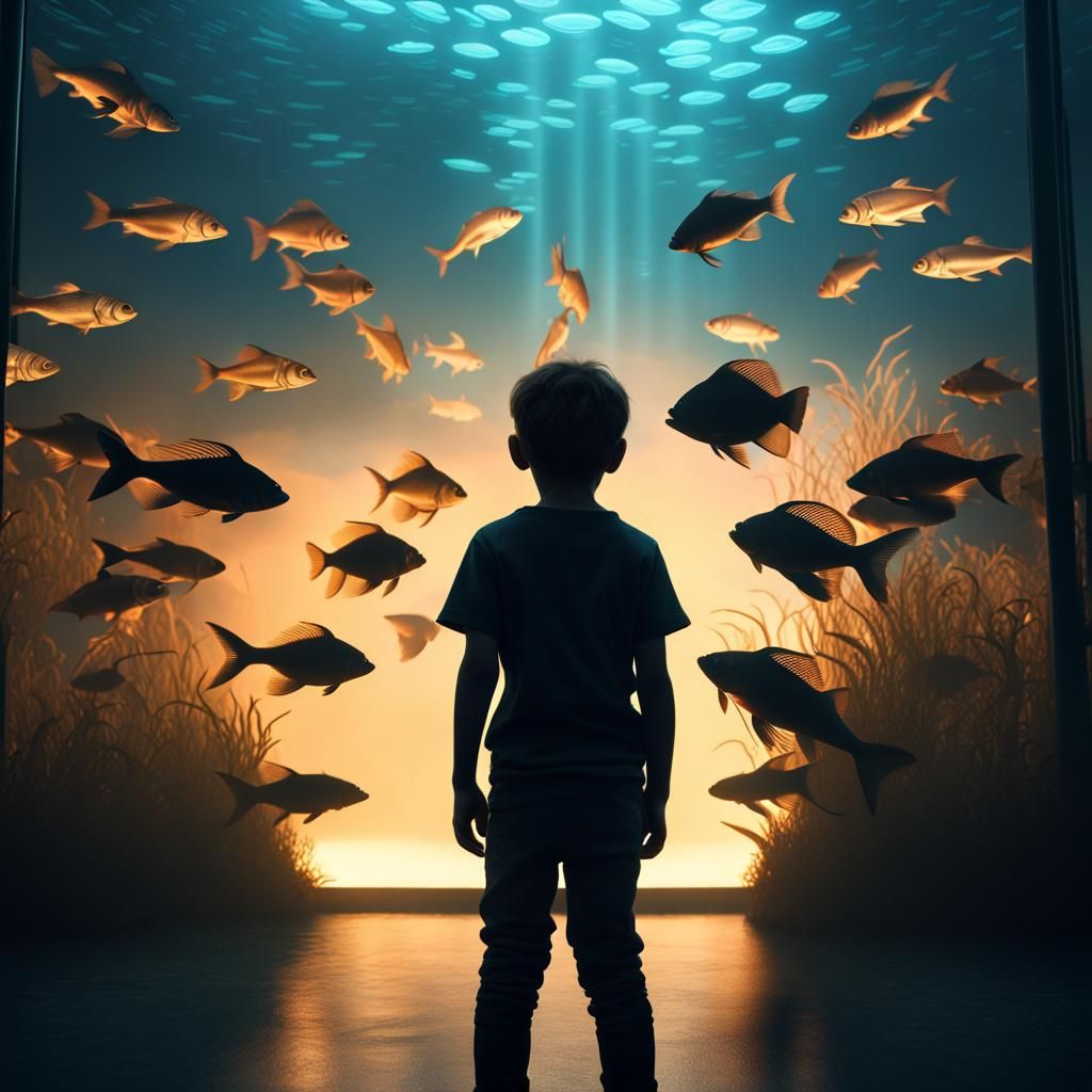 Boy Silhouette at Aquarium: Deep Color, Detailed Matte Paint...