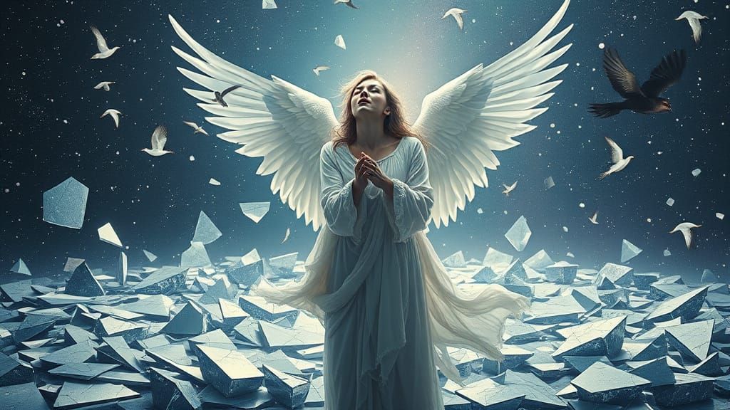 Angel of Fractured Memories in a Dreamlike Landscape