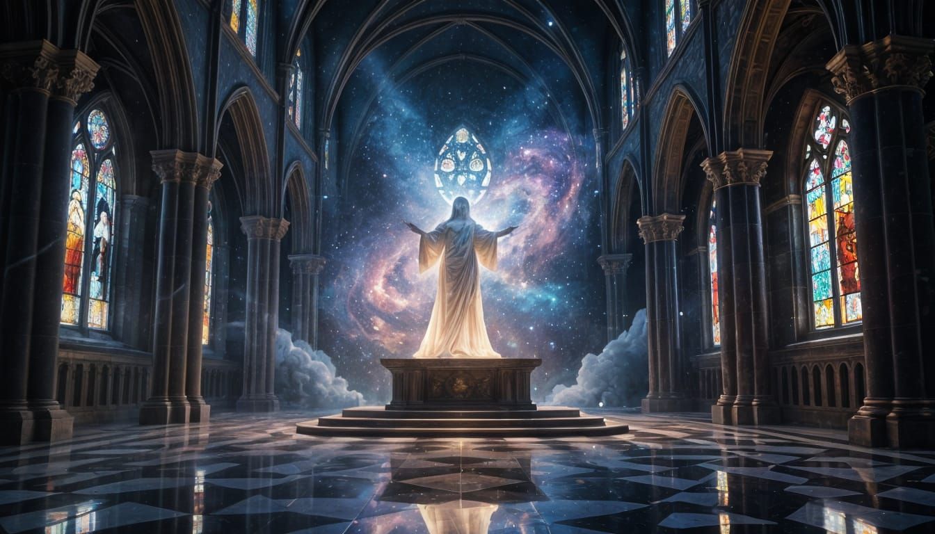 Celestial Birth Inside Ancient Cathedral: Surreal Fantasy Re...