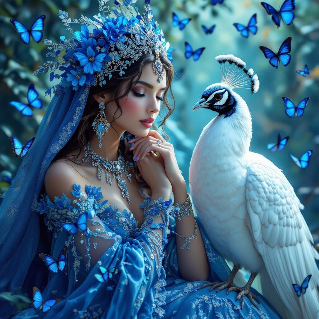 Ethereal Woman with Blue Gown and Butterflies