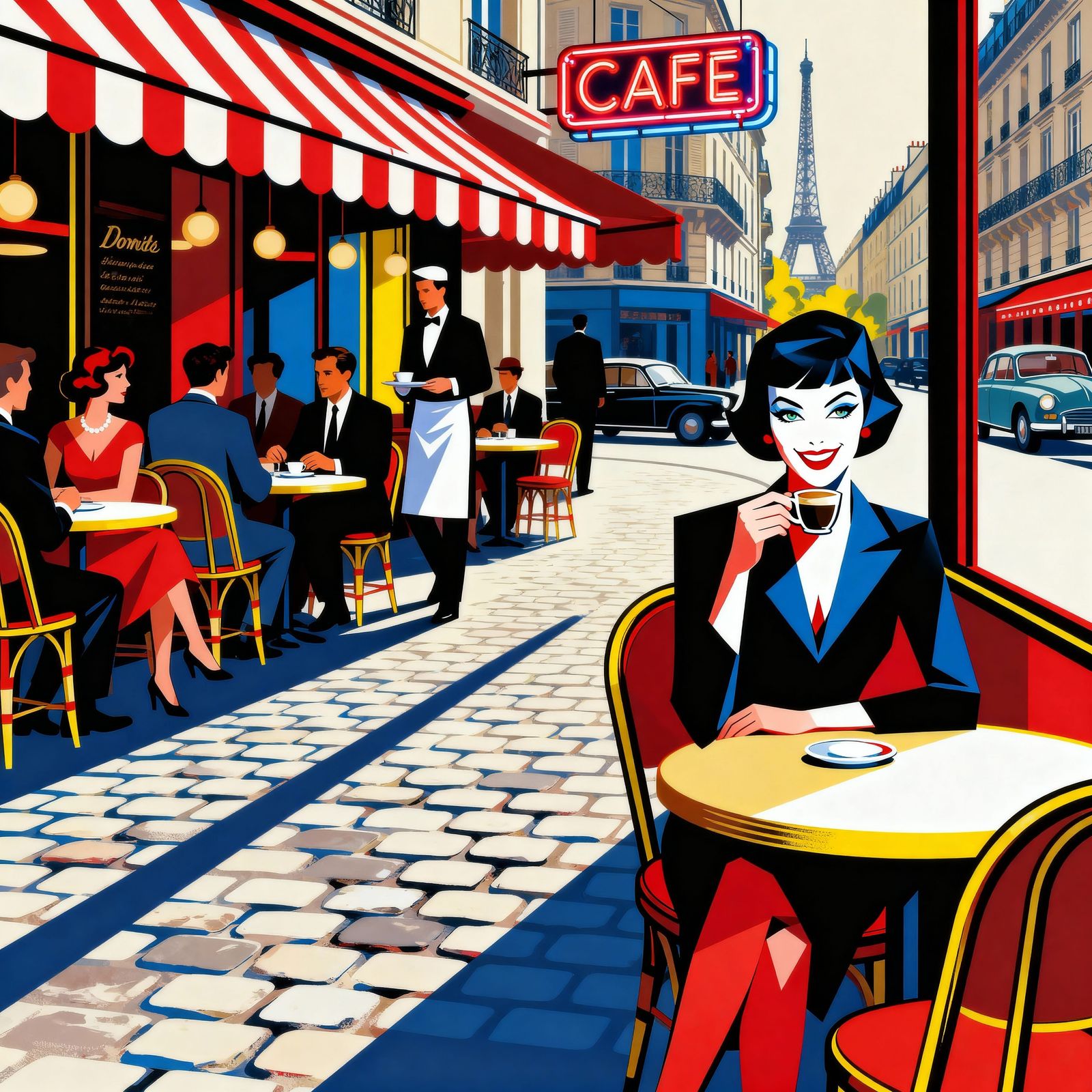 1960s Paris Cafe with Mysterious Woman in Graphic Style